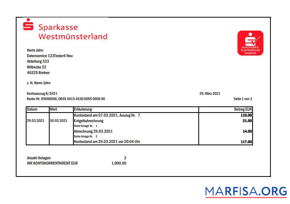 Realistic Germany Sparkasse bank statement excel example